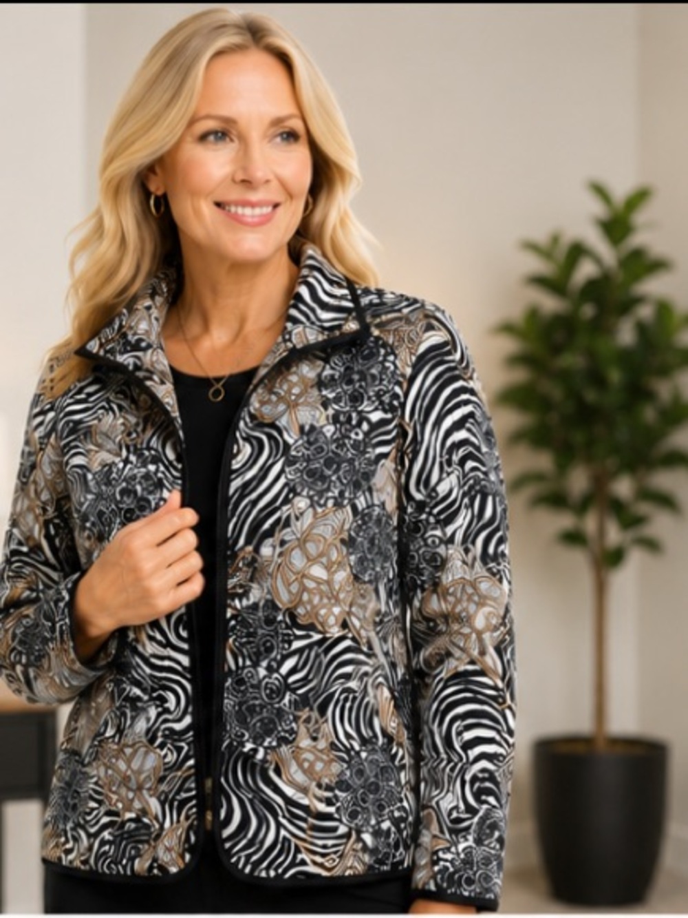 RQT Women’s 2X Quilted Zip Jacket Zebra Floral Print Lightweight Career